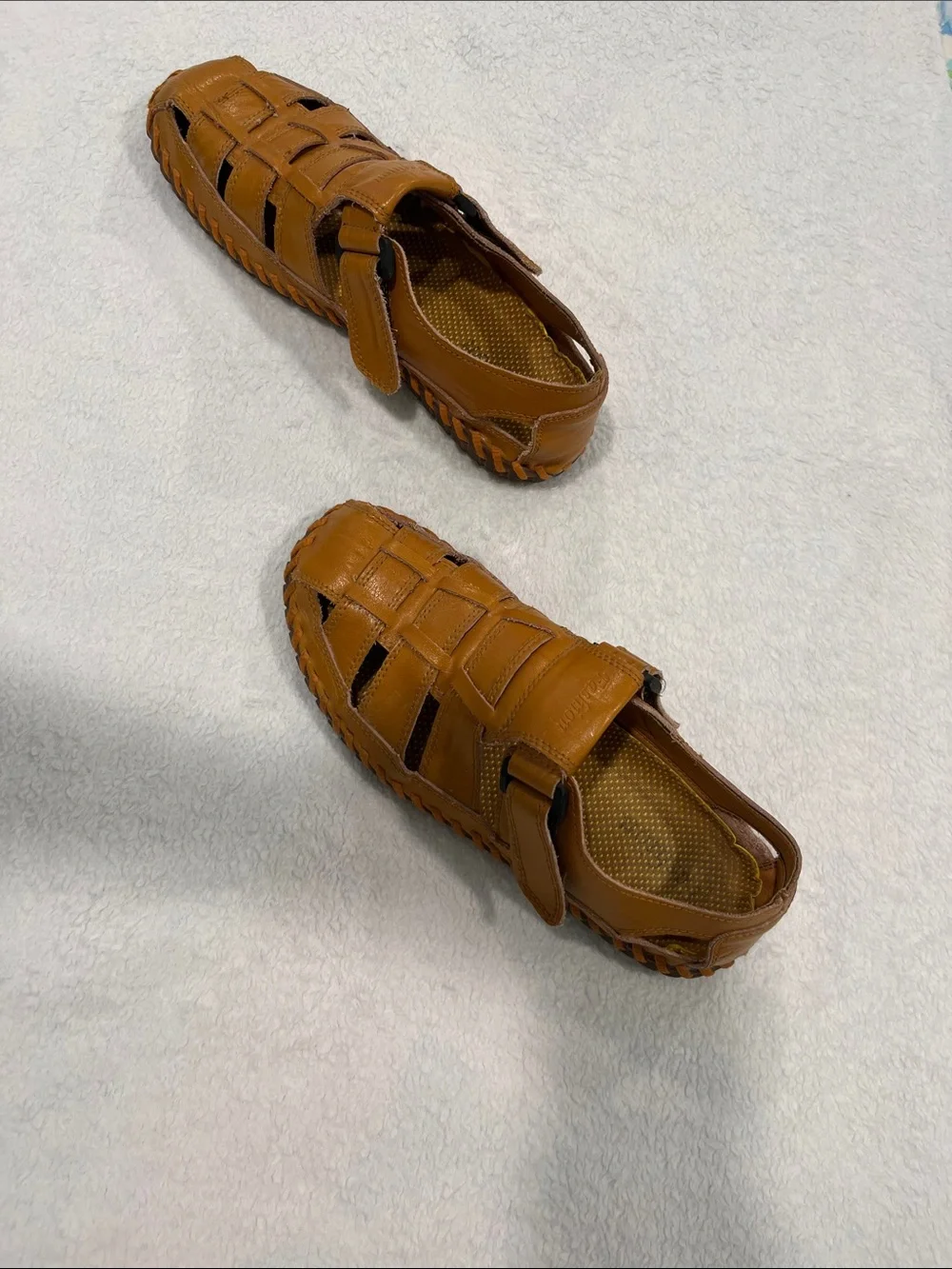 Men’s Tan Faux Leather-Like Woven Fisherman Sandals with Hook-and-Loop Strap